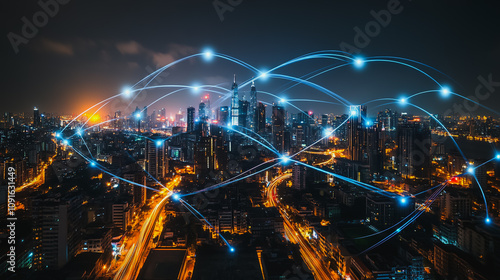 Smart digital Innovation Business skyscrapers in the Financial District with connection network reciprocity over the cityscape. of future smart wireless digital city and social media networking