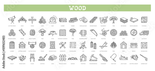 Set of outline icons related to wood. Linear icon collection