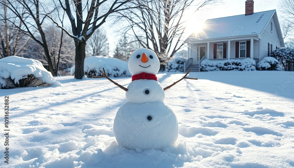 Obraz premium A snowman with a red scarf stands in front of a house.