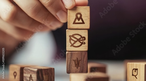 gender equality and discrimination concept - hand putting wooden blocks with symbols photo