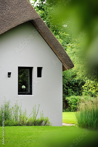 A small white house with black windows and a thatched roof, surrounded by a green lawn in the garden, with green trees in the background. Close-up view of a modern architectural house exterior, archit photo