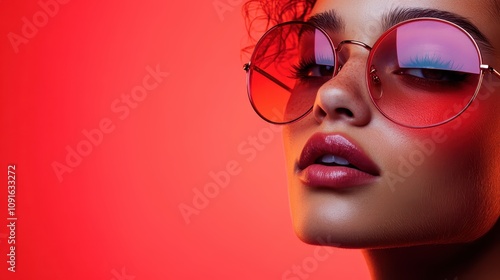 A sophisticated portrait of a woman in red-tinted glasses posed elegantly against a vibrant red backdrop, capturing a timeless sense of modern style and allure.