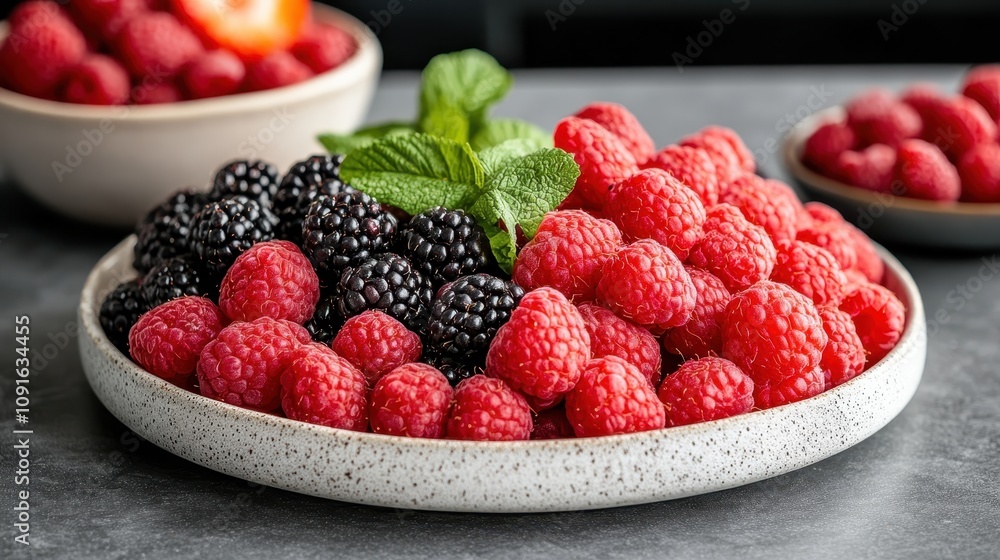 A ceramic dish filled with juicy, fresh raspberries and blackberries enhanced by green mint leaves, offering a vibrant and appetizing visual delight. A ceramic dish filled with juicy, fresh raspberries and blackberries enhanced by green mint leaves, offering a vibrant and appetizing visual delight.