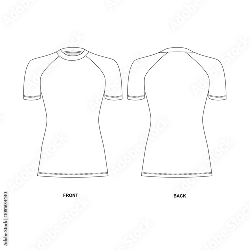 Vector illustration of women's short sleeve rashguard, front and back view. Blank short sleeve sports shirt template. Drawing of basic white jersey t-shirt, vector.