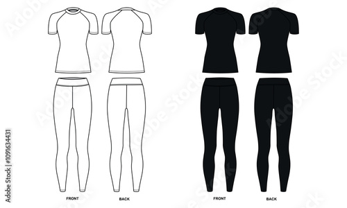 Template set short sleeve rashguard and leggings, front and back view, vector. Sketch of sports uniform jersey t-shirt and leggings, black and white colors. 