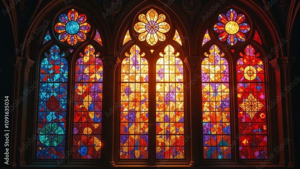 Fototapeta premium stained glass windows with bright colors and geometric shapes, creating the illusion of light 
