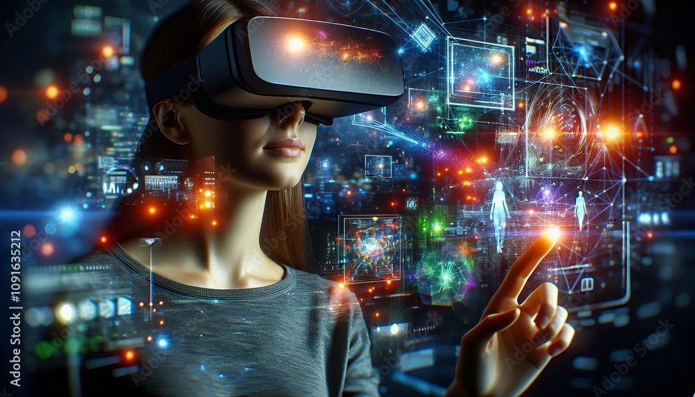 Naklejka premium A person interacts with immersive digital technology using virtual reality, surrounded by futuristic elements.