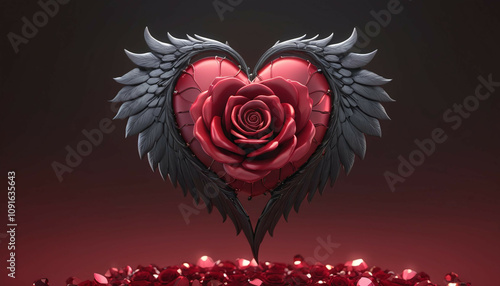 A black heart with wings and a red rose, adorned to express eternal love.