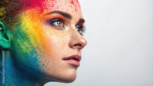 This artistic portrait uses a spectrum of bright colors splattered across the entire lower half of the subjects face. Each color flows into the next creating a gradient effect that photo