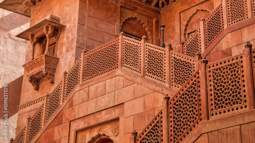Rajasthan, Shekhawati, Bikaner, Junagarh Fort, carved sandstone steps