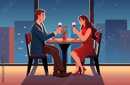 Valentine's day with couple sitting  in a restaurant. Pair of young man and woman at romantic date or meeting and drinking red wine. Hand Drawn Vector Illustration.