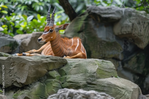 A Mountain Bongo laying on a rock at Taipei Zoo