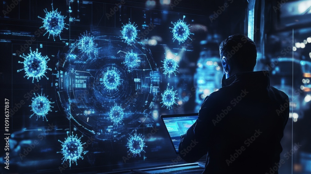 Obraz premium A person sits at a laptop late at night studying a large digital display filled with virus data. The screen shows a complex network of virus particles and intricate data streams.