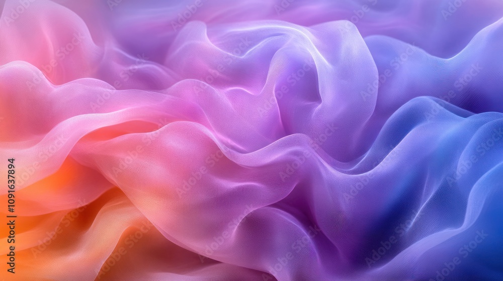 Fototapeta premium Abstract flowing fabric with a gradient of pink, orange, blue, and purple colors.