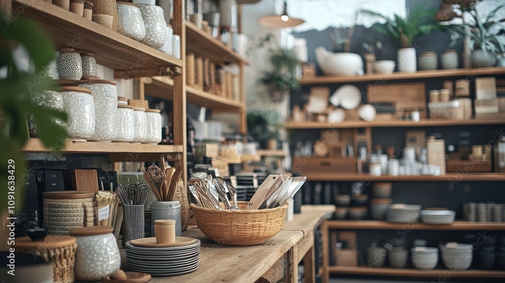 Fototapeta premium Rustic kitchenware and tableware display in cozy shop