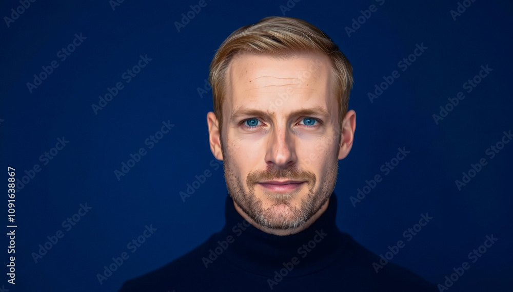Obraz premium Man with Light Brown Hair in Dark Blue Turtleneck Sweater on Solid Blue Background