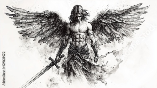 drawing muscular man with sword and wings .Generative AI