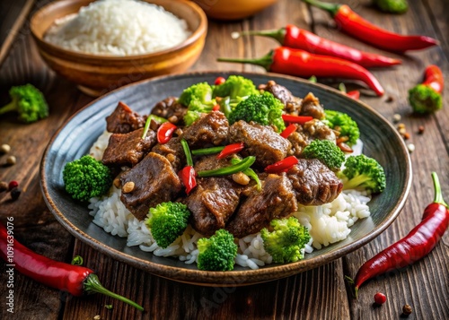 Delicious Plate of Fried Beef Stir-Fry with Garlic, Thai Peppers, Broccoli, and Rice on a Rustic Table Surrounded by Fresh Red Chilies and Seasoning