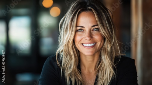 Wallpaper Mural A cheerful woman with long wavy hair is smiling warmly indoors with a blurred background, dressed casually in a cozy and relaxed environment. Torontodigital.ca