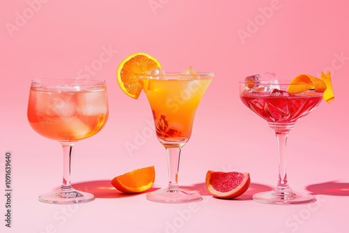 Four glasses holding colorful drinks on a pink backdrop photo