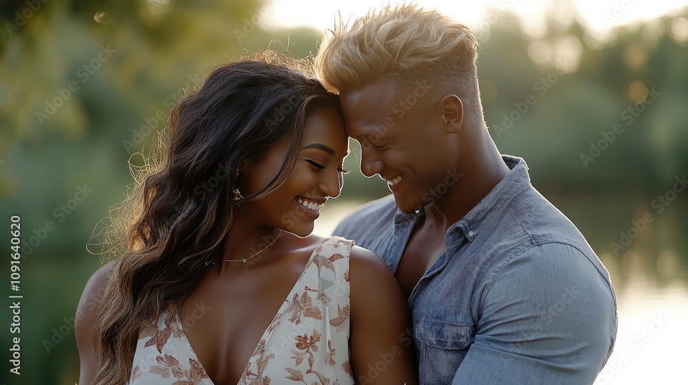 Romantic Couple Embracing Outdoors in Golden Hour Light Romantic Couple Embracing Outdoors in Golden Hour Light