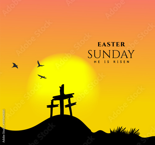 Vector landscape on religious theme with words Easter Sunday, He is risen. Easter illustration with mount Calvary and a silhouettes of three crosses at sunset. Banner for Easter or good Friday