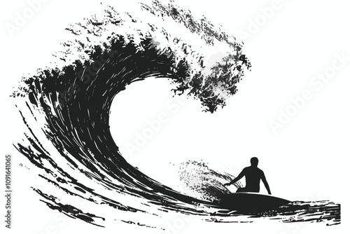 Surfer Facing a Giant Wave isolated illustration