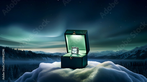 Engagement Ring in a gift box in snow on background of Norhtern Lights, magic still life, proposal concept