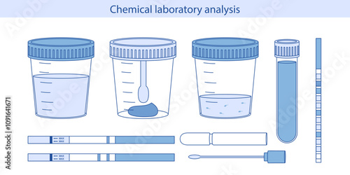 Medical analysis, laboratory analysis of urine, stool, sperm in plastic jars, Probe swab, pregnancy test, urine test, in vitro blood test. Chemical laboratory analysis.