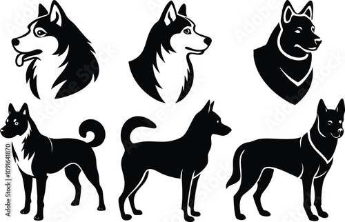 6 Vector Silhouette Dogs Logo Icon Set - Black Clipart Illustrations on White Background photo