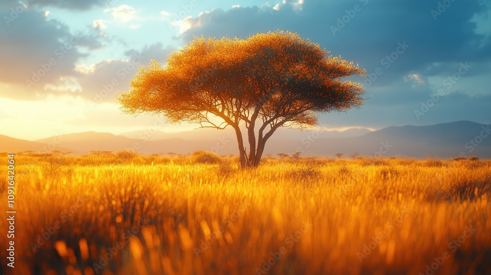 Fototapeta premium A solitary tree stands in a golden field at sunset, highlighting nature's beauty and tranquility.