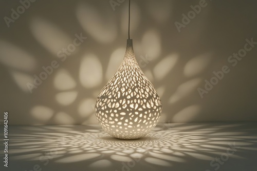 White Teardrop-Shaped Light Fixture With Intricate Cutouts Casting Geometric Shadows photo