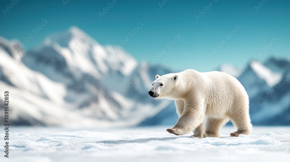 A lone polar bear confidently walks across a vast snowy terrain, with towering snow-covered mountains providing a stunning backdrop, exuding strength and solitude. A lone polar bear confidently walks across a vast snowy terrain, with towering snow-covered mountains providing a stunning backdrop, exuding strength and solitude.