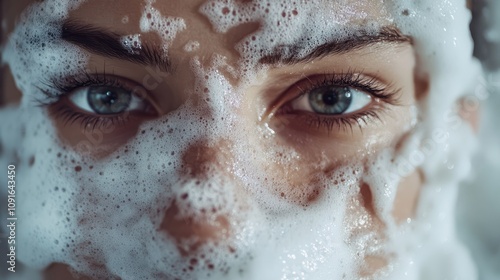 Woman with razor and shaving foam on her face. photo