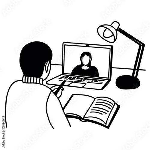 Person study online using a laptop. Online Education concept. Flat vector illustration