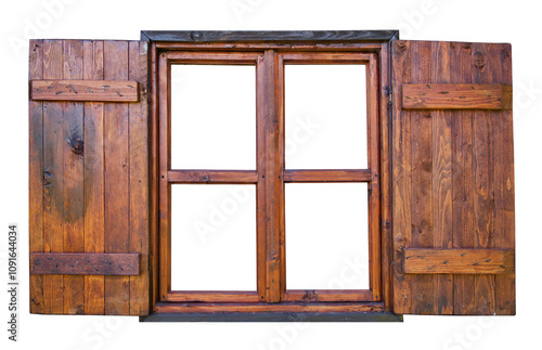 Wooden window with open shutter on white background