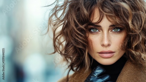 A beautiful woman with curly hair and intense gaze dressed in brown, standing against a blurred cityscape background, captured in striking detail and expression. photo