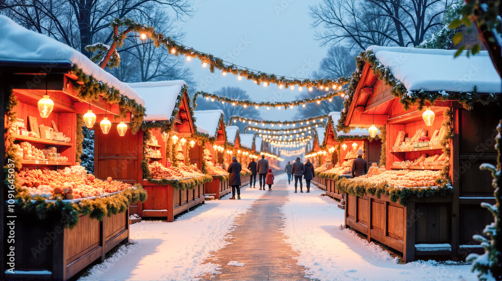 Fototapeta premium Winter market bustling with visitors amidst snow and festive lights in a charming setting