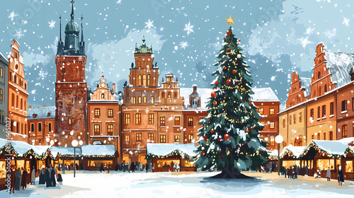 A picturesque holiday scene in krakow's main market square, with the iconic cloth hall and a grand christmas tree surrounded by festive decorations and snow. Renaissance Market Square. Illustration photo