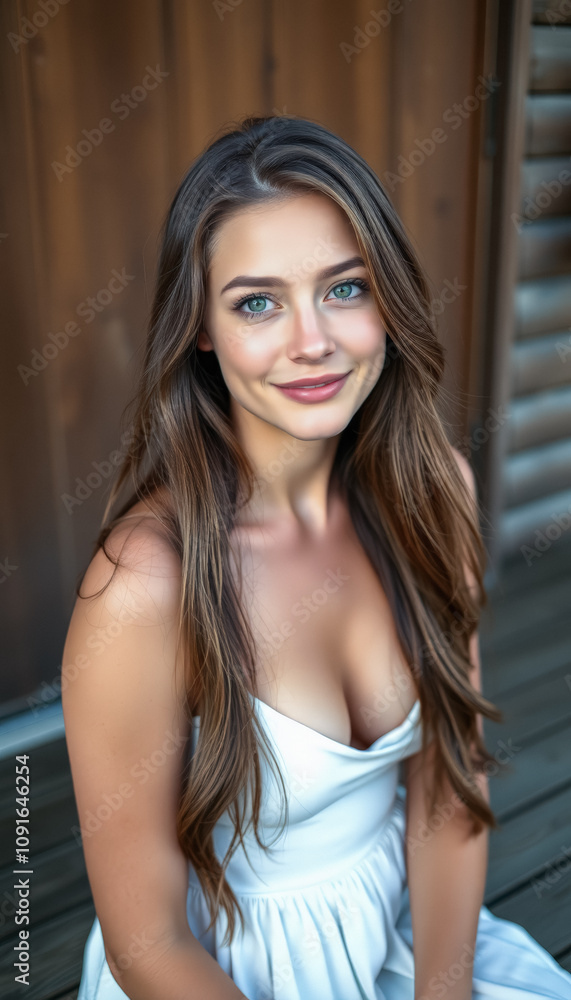 Naklejka premium Beautiful Young Attractive Woman in White Satin Slip Dress on Wooden Porch