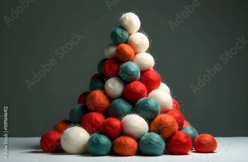 A Christmas card. A pyramid of many balls of woolen knitting threads, lying on top of each other forming a Christmas tree. The background is plain gray