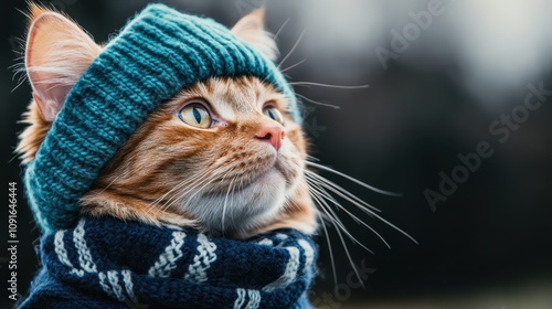 A charming ginger cat gazes upward, adorned with a cozy blue knitted hat and striped scarf, capturing the essence of warmth and cuteness in a winter setting. photo