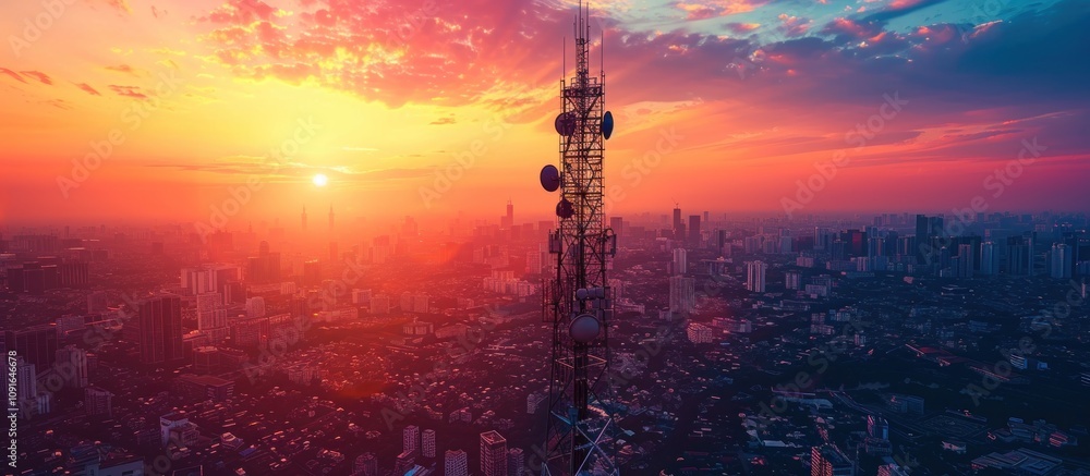 Obraz premium Cityscape with Tower at Sunset