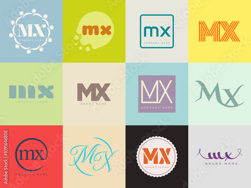 MX logo company template. Letter m and x logotype. Set different classic serif lettering and modern bold text with design elements. Initial font typography.