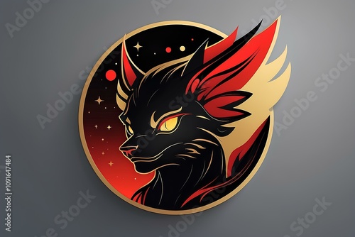 digital illustration of a black cat with glowing red eyes and a dramatic dark background photo