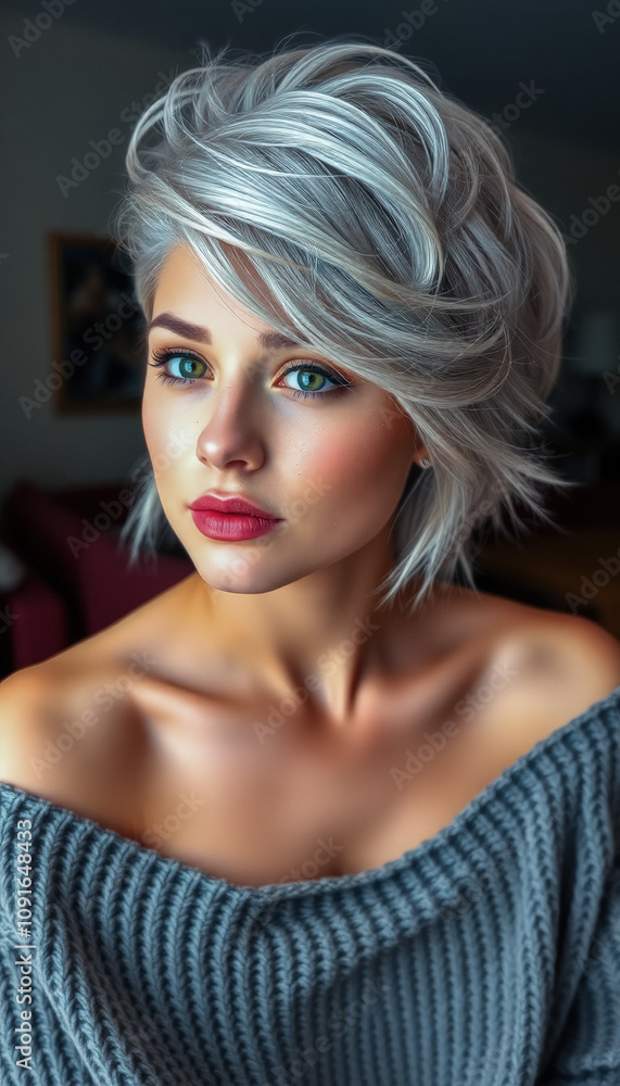 Close-Up Portrait of Woman with Short Gray Hair in Knitted Sweater Close-Up Portrait of Woman with Short Gray Hair in Knitted Sweater
