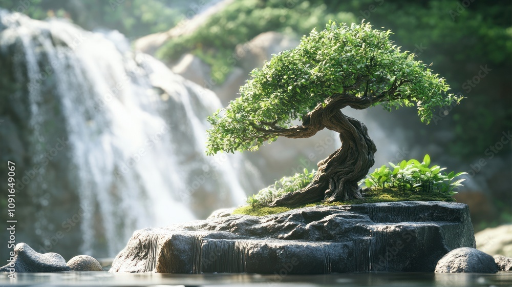 Fototapeta premium Serene Bonsai by Waterfall: A Tranquil Oasis
