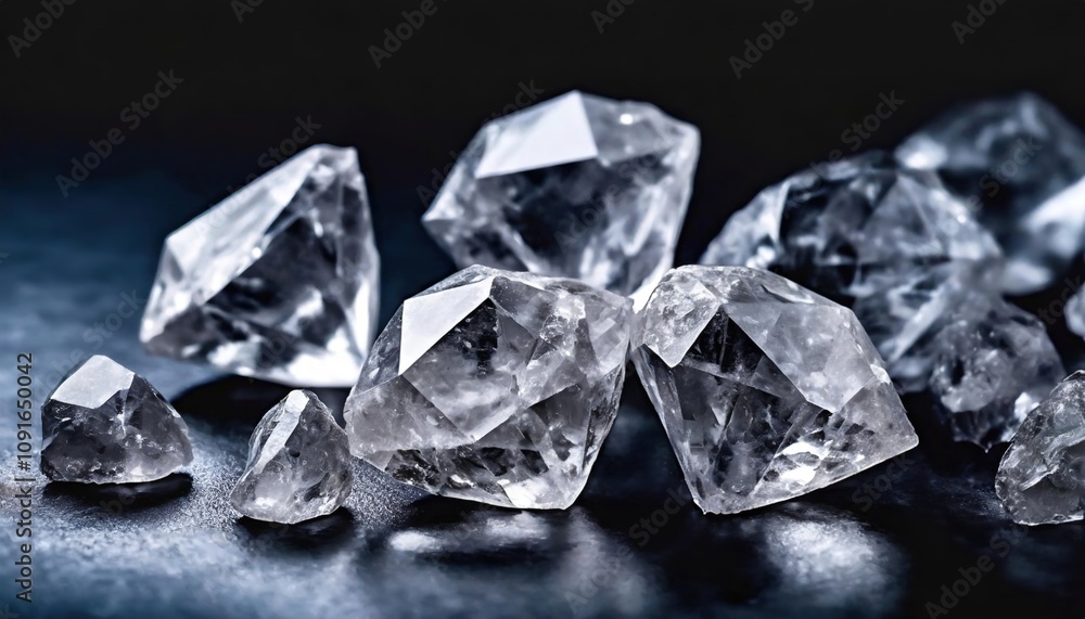Group of clear uncut diamonds on a rough surface displaying brilliance. The crystals sparkle intensely, highlighting their natural beauty and the allure of raw gemstones. Group of clear uncut diamonds on a rough surface displaying brilliance. The crystals sparkle intensely, highlighting their natural beauty and the allure of raw gemstones.