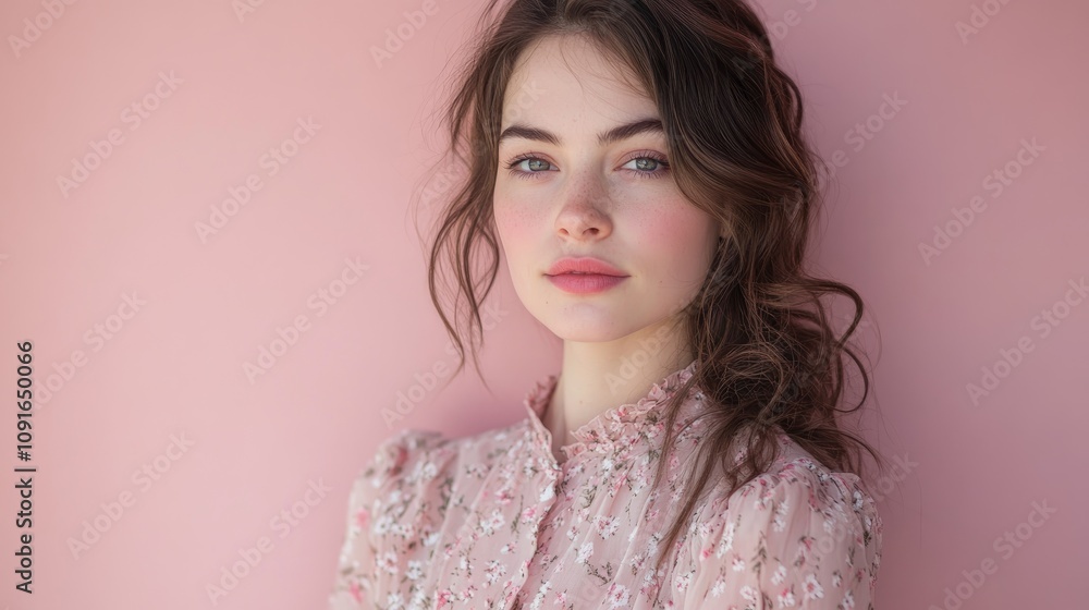 Close-up portrait of a young woman with wavy brown hair wearing a pink floral blouse, set against a soft pink background in an artistic gallery. Close-up portrait of a young woman with wavy brown hair wearing a pink floral blouse, set against a soft pink background in an artistic gallery.