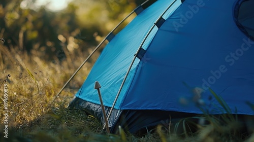 Close-up view of a blue camping tent with a focus on a tent peg anchored in the grass, showcasing the vibrant color and surrounding natural scenery. photo